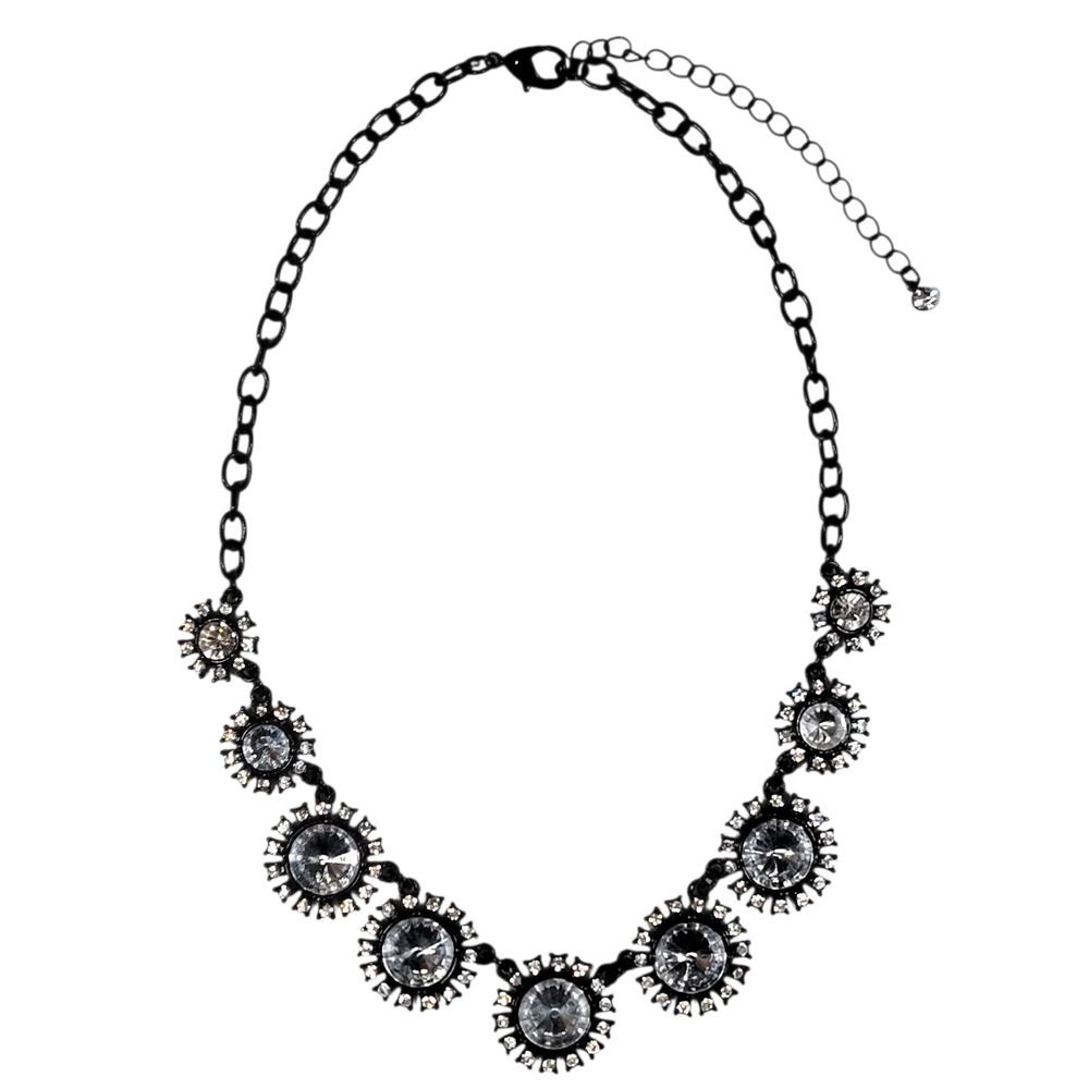 VTG Y2K Starburst Statement Necklace 16-19" Black Rhinestone Victorian‎ Revival